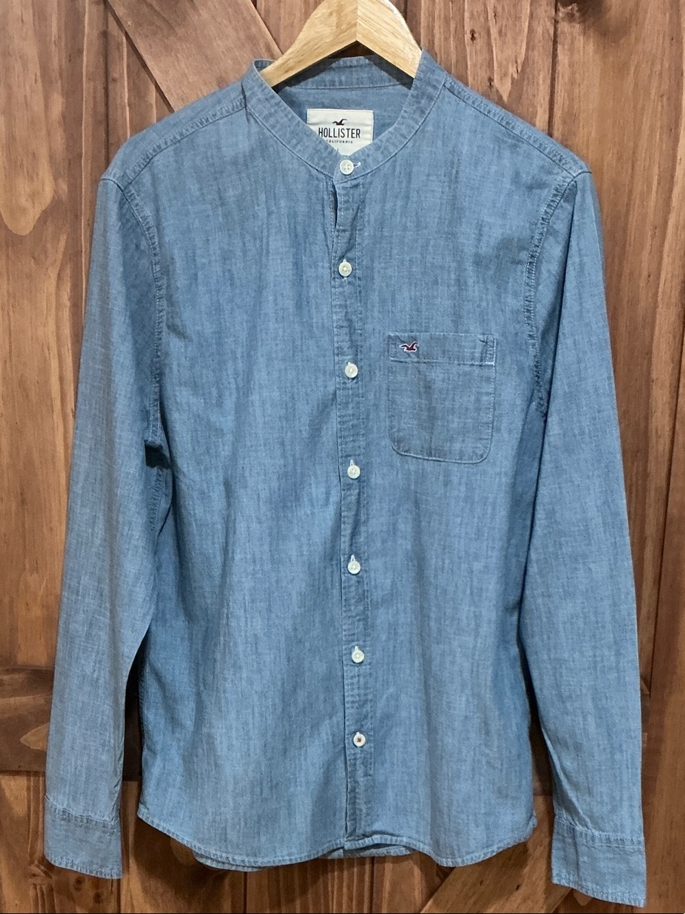 Hollister Light Blue Band-Collar Chambray Button-Down Shirt
